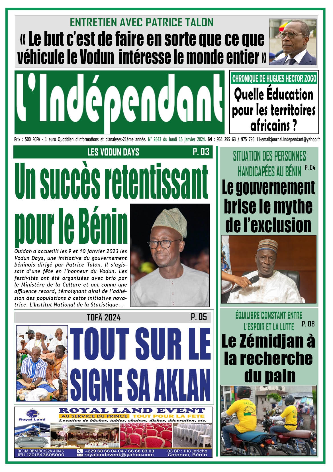 L'Indépendant - Parution numéro 2643 du lundi 15 janvier 2024